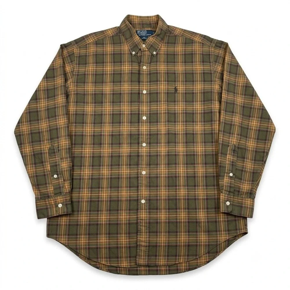 Polo Ralph Lauren Mens Large Classic Fit Plaid Button Down Shirt Olive Green Tan